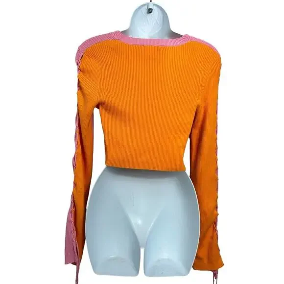 ButterMelon Pink and Orange Lace Up Sweater Size Small Ribbed Crop Top Fashion - Picture 11 of 12